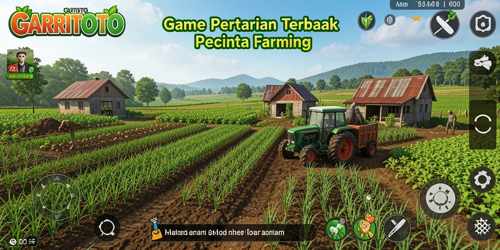 Tampilan gameplay GARITOTO dengan ladang yang subur dan aktivitas bertani.