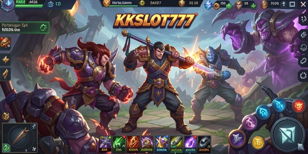 Screenshot KKSLOT777 menampilkan pertarungan MOBA yang intens dan menarik.